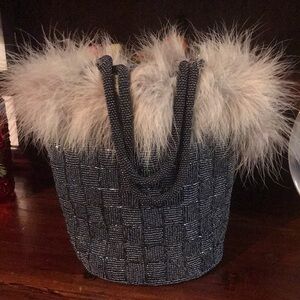 Elegant Beaded Tote with Fur Accent